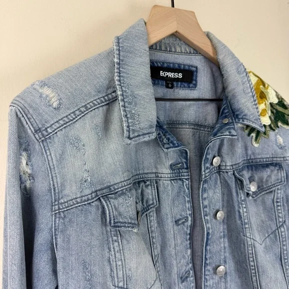 Express Women's Light Blue Distressed Denim Jacket with Floral Embroidery | XL - Picture 3 of 10